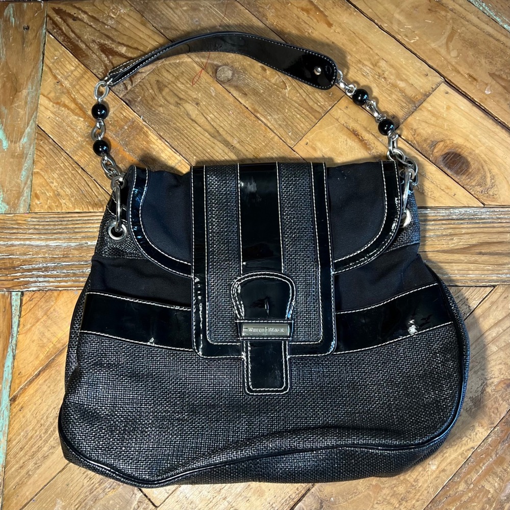 White House Black Market Black Woven Shoulder Bag Beaded Handle Purse